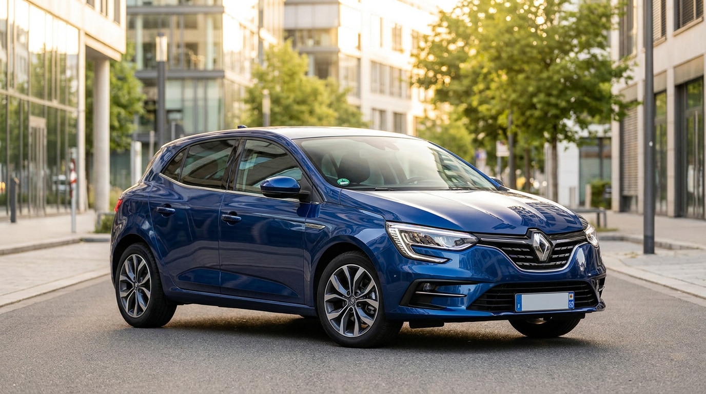 Une Renault Mégane 4 bleue garée dans une rue moderne bordée d'immeubles en verre.