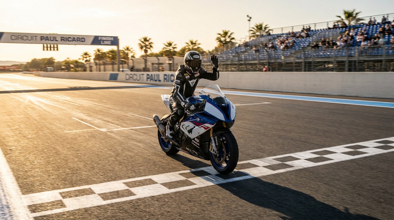 Un pilote de moto salue la foule en franchissant la ligne d'arrivée du circuit Paul Ricard au coucher du soleil.